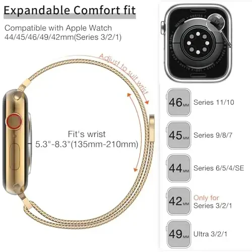 MARGE PLUS Slim Milanese Loop Apple Watch uchun ayollar bilaguzuk 41mm 40mm 38mm 42mm 46mm 45mm 44mm, zanglamaydigan po'latdan yasalgan magnit to'r tasma iWatch Series 11 10 9 8 7 6 5 4 3 & SE 3 2 1 da ishlaydi - 6