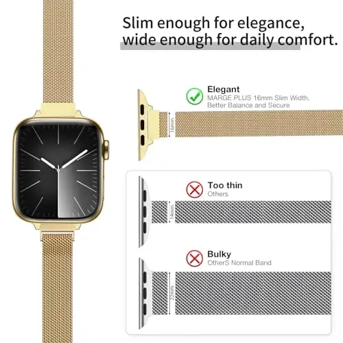 MARGE PLUS Slim Milanese Loop Compatible with Apple Watch Band for women 40mm 41mm 38mm 42mm 44mm 45mm 49mm 42mm 46mm, Stainless Steel Magnetic Mesh Strap work on iWatch Bands Series 10 9 8 7 6 5 4 3 2 1 Ultra SE - MARGE