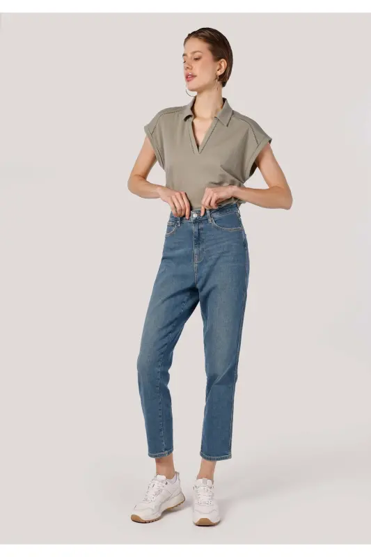 Mom Fit Yüksek Bel Daralan Paça Kadın İndigo Jean Pantolon - River wash - 3