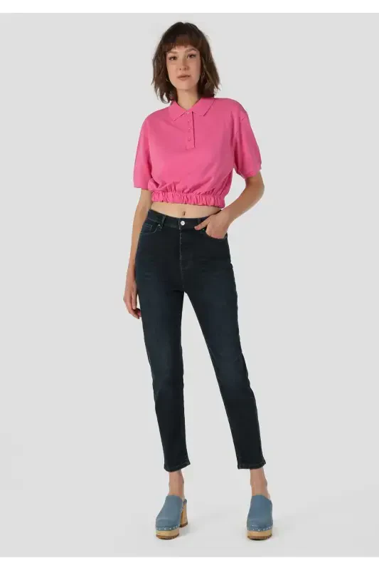 Mom Fit Yüksek Bel Daralan Paça Kadın Koyu İndigo Jean Pantolon - 3