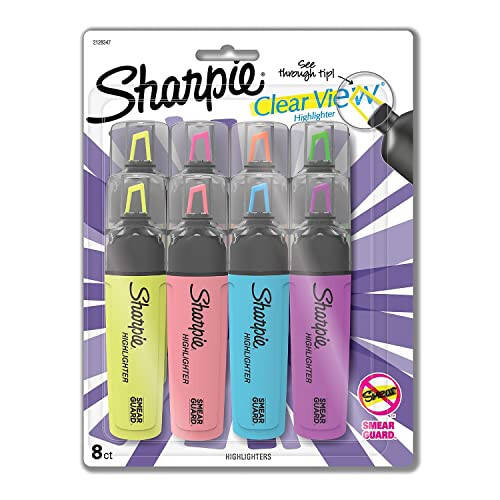 Маркер-текстовыделитель с прозрачным корпусом и скошенным стержнем SHARPIE Clear View, набор флуоресцентных и пастельных маркеров, видимый стержень, сменные картриджи, ассорти цветов, 8 штук - 1