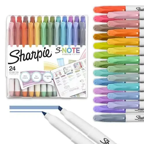 Маркеры SHARPIE S-Note Creative, пастельные маркеры для выделения, художественные маркеры, смешанные цвета, скошенное перо, 24 штуки - 1