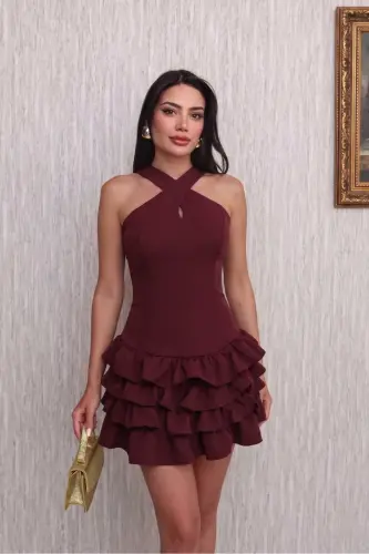 Maroon Cross Halter Neck Layered Ruffle Detailed Mini Evening/Graduation Dress - Bordoo - Burgundy 