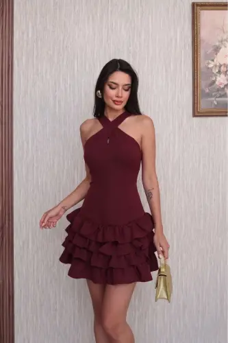 Maroon Cross Halter Neck Layered Ruffle Detailed Mini Evening/Graduation Dress - Bordoo - Burgundy - 2