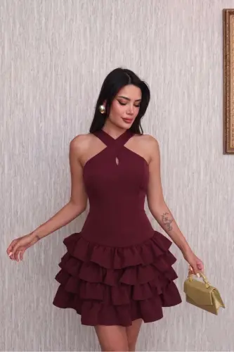Maroon Cross Halter Neck Layered Ruffle Detailed Mini Evening/Graduation Dress - Bordoo - Burgundy - 3