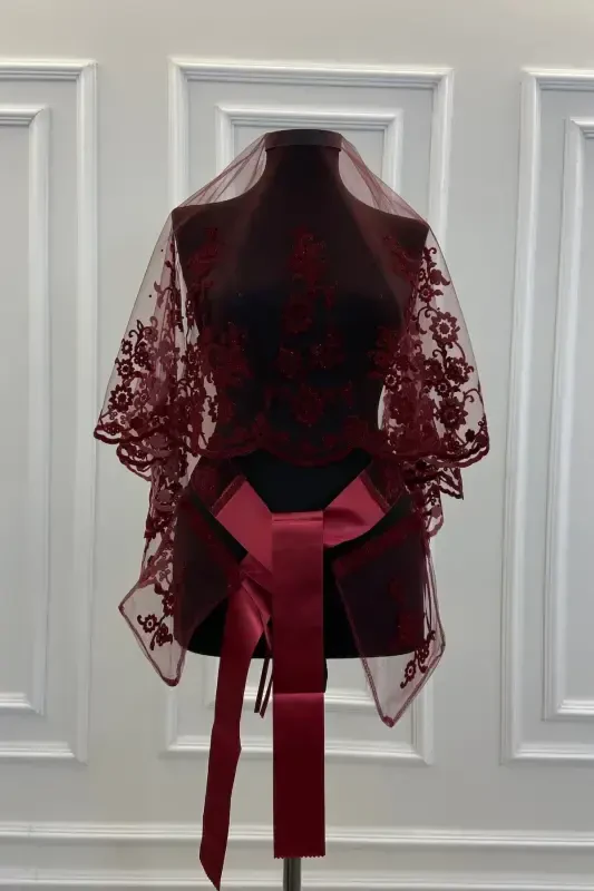 Maroon Ivy Pattern Flock Print Glitter Bridal Veil Sash Glove Set-FLOKSARMAŞIKBORDO - ZEYMERADE