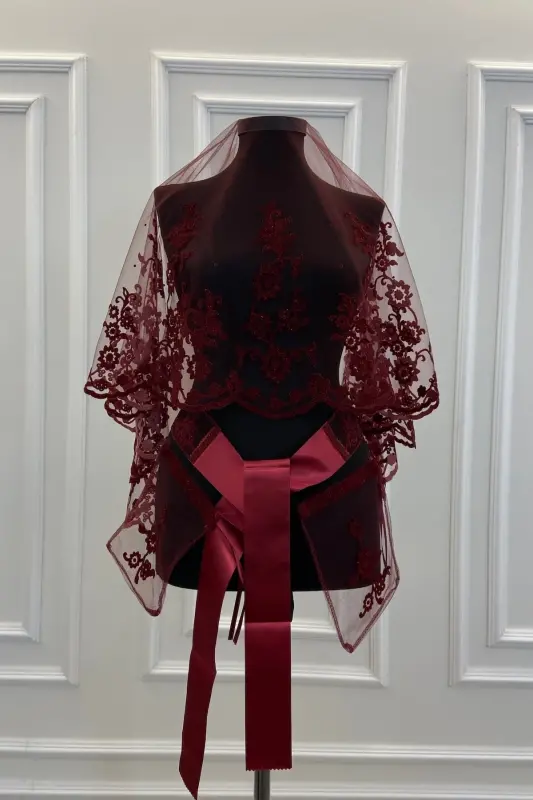 Maroon Ivy Pattern Flock Print Glitter Bridal Veil Sash Glove Set-FLOKSARMAŞIKBORDO - 1