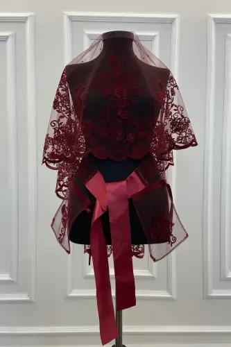 Maroon Leaf Patterned Flock Print Glittery Bridal Veil Sash Glove Set-FLOKYAPRAKBORDO - 1