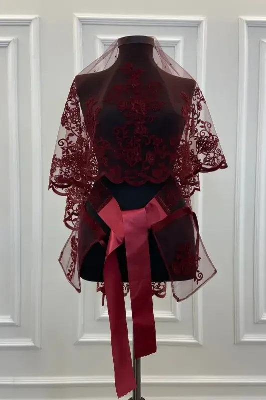 Maroon Leaf Patterned Flock Print Glittery Bridal Veil Sash Glove Set-FLOKYAPRAKBORDO - 1