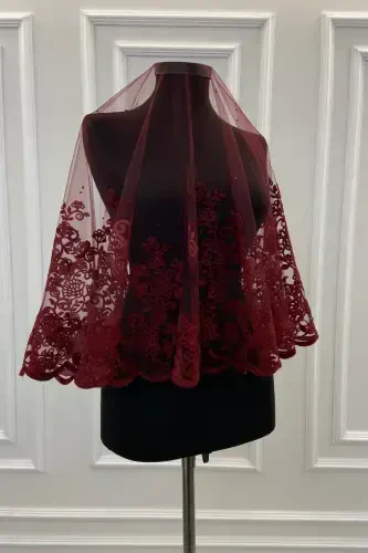 Maroon Leaf Patterned Flock Print Glittery Bridal Veil Sash Glove Set-FLOKYAPRAKBORDO - 2