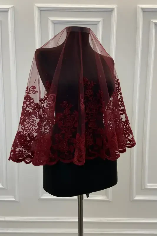 Maroon Leaf Patterned Flock Print Glittery Bridal Veil Sash Glove Set-FLOKYAPRAKBORDO - 2