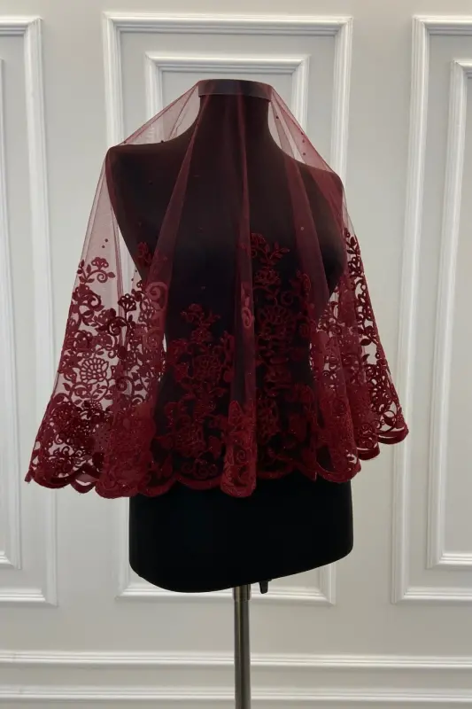 Maroon Leaf Patterned Flock Print Glittery Bridal Veil Sash Glove Set-FLOKYAPRAKBORDO - 2