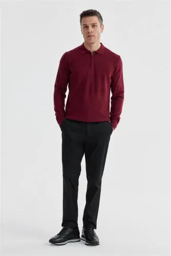 Maroon Slim Fit Cotton Patterned Zippered Polo Neck Knitted Sweater - Modazone (1)