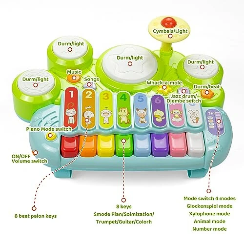 Marstone 1-3 yoshli bolalar uchun musiqiy o'yinchoqlar, 1 yoshli qiz va o'g'il bolalar uchun chaqaloq pianino klaviaturasi, ksilofon bolalar baraban to'plami musiqa o'yinchoqlari yorug'lik bilan, erta ta'lim o'rganish o'yinchoq sovg'alari - 6