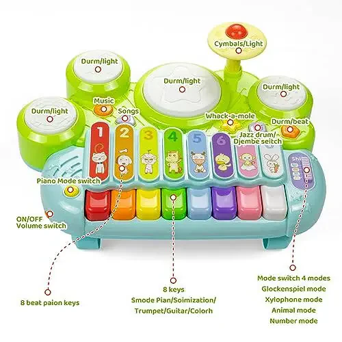 Marstone 1-3 yoshli bolalar uchun musiqiy o'yinchoqlar, 1 yoshli qiz va o'g'il bolalar uchun chaqaloq pianino klaviaturasi, ksilofon bolalar baraban to'plami musiqa o'yinchoqlari yorug'lik bilan, erta ta'lim o'rganish o'yinchoq sovg'alari - 6