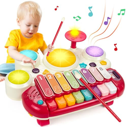Marstone 1 yoshli bolalar uchun tug'ilgan kun sovg'asi, 5 ta 1-da musiqiy o'yinchoqlar, 1-2 yoshli chaqaloqlar uchun pianino, ksilofon, molni urish, baraban to'plami, ovoz va musiqa - MARSTONE