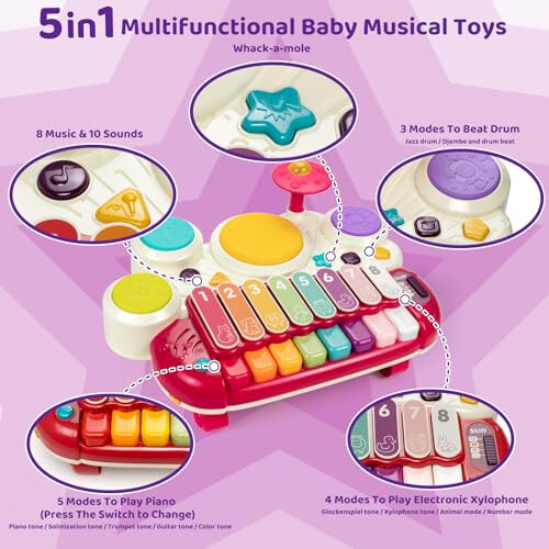 Marstone 1 yoshli bolalar uchun tug'ilgan kun sovg'asi, 5 ta 1-da musiqiy o'yinchoqlar, 1-2 yoshli chaqaloqlar uchun pianino, ksilofon, molni urish, baraban to'plami, ovoz va musiqa - MARSTONE (1)