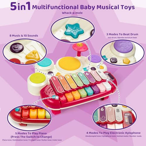 Marstone Baby Toys for 1 Year Old Birthday Gift, 5 in 1 Musical Toys for Toddler 1-2 with Piano, Xylophone, Whack a Mole, Drum Set, Sound and Music - 2