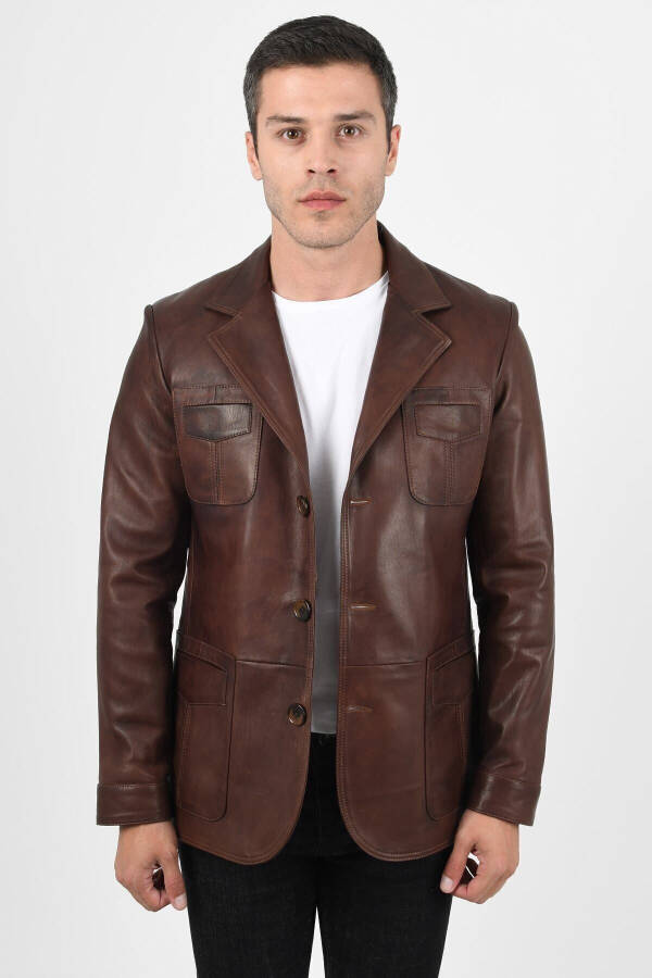 Martell Genuine Leather Men's Wax Coffee Blazer Leather Jacket - 1