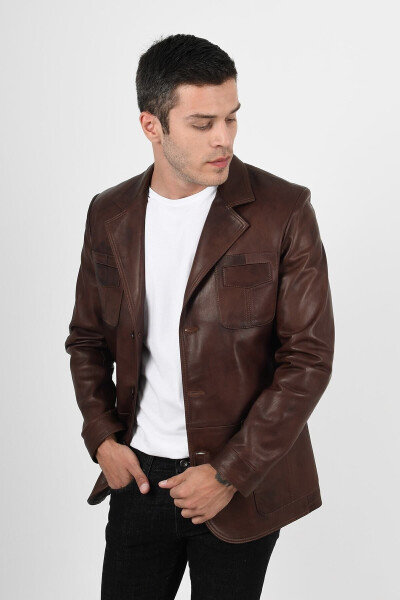 Martell Genuine Leather Men's Wax Coffee Blazer Leather Jacket - 2