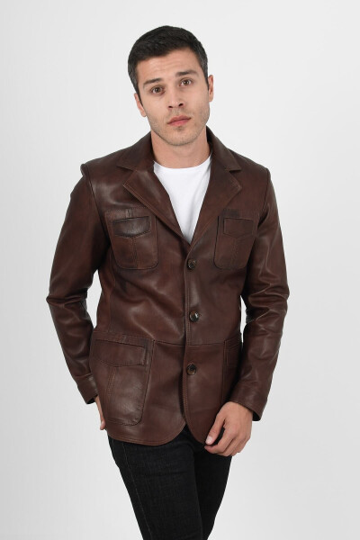 Martell Genuine Leather Men's Wax Coffee Blazer Leather Jacket - 6