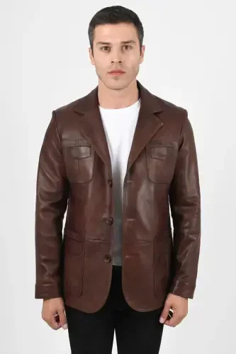 Martell Genuine Leather Men's Wax Coffee Blazer Leather Jacket - 4