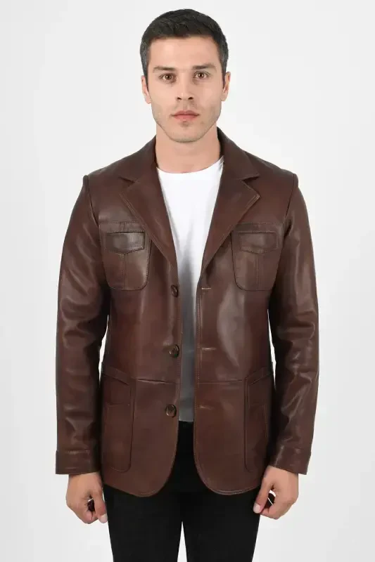 Martell Genuine Leather Men's Wax Coffee Blazer Leather Jacket - 4