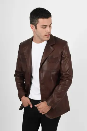 Martell Genuine Leather Men's Wax Coffee Blazer Leather Jacket - 4