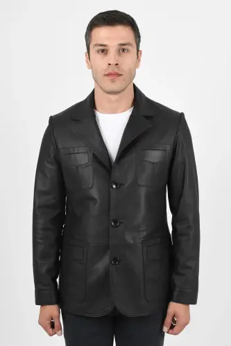 Martell Erkek Siyah Blazer Hakiki Deri Ceket - Beden Ölçülerini Görselden İnceleyebilirsiniz - Siyah - 4