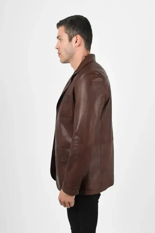 Martell Haqiqi Teri Erkaklar Vaks Qahva Blazer Teri Ko'ylagi - 6