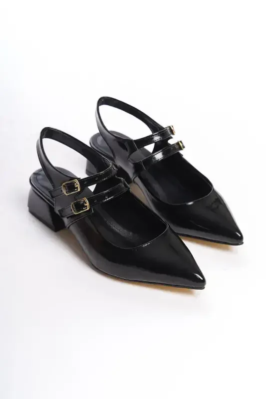 Mary Jane Black Patent Leather Slingback Pointed Toe Barrette Low Heel Shoes-Black Patent Leather - 4