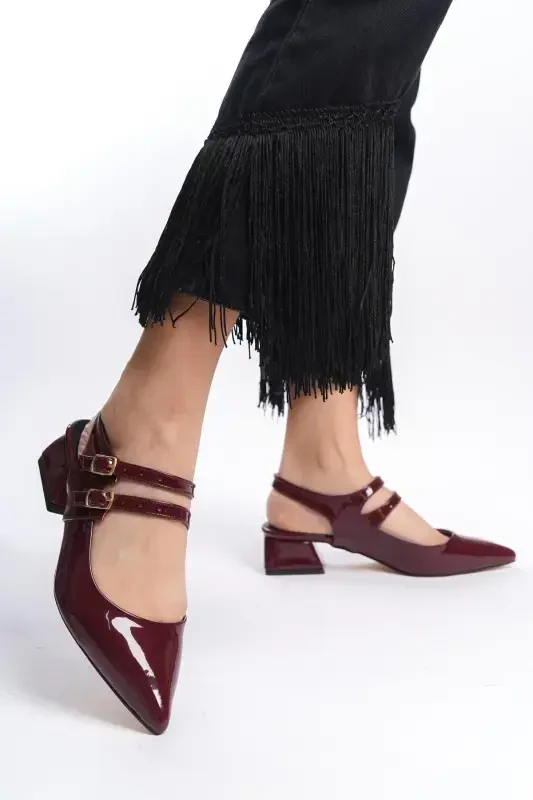 Mary Jane Burgundy Patent Leather Open Back Pointed Toe Barrette Heeled Pumps-Burgundy Patent Leather - 1
