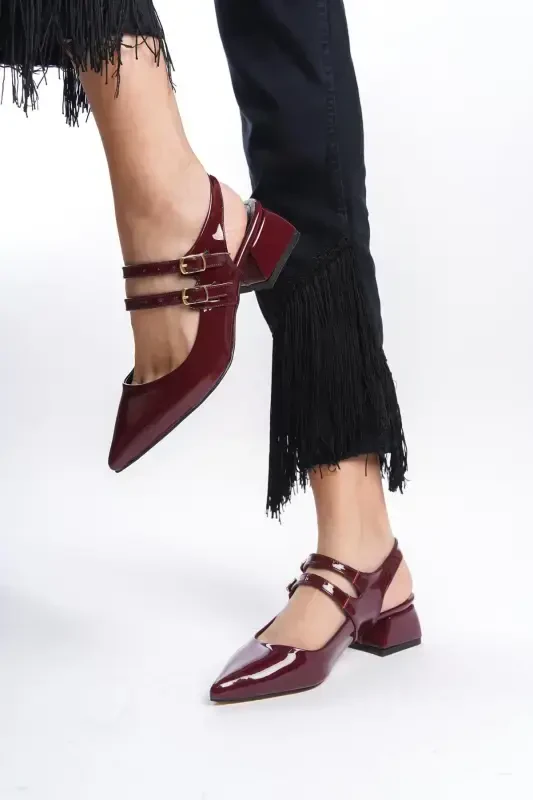 Mary Jane Burgundy Patent Leather Open Back Pointed Toe Barrette Heeled Pumps-Burgundy Patent Leather - 2