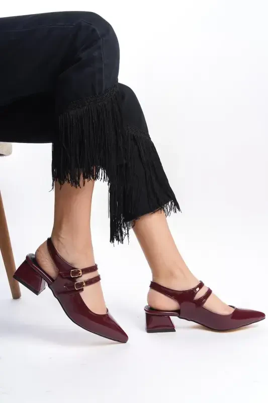 Mary Jane Burgundy Patent Leather Open Back Pointed Toe Barrette Heeled Pumps-Burgundy Patent Leather - 3