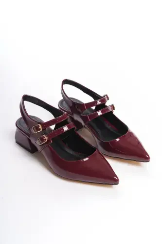 Mary Jane Burgundy Patent Leather Open Back Pointed Toe Barrette Heeled Pumps-Burgundy Patent Leather - 4