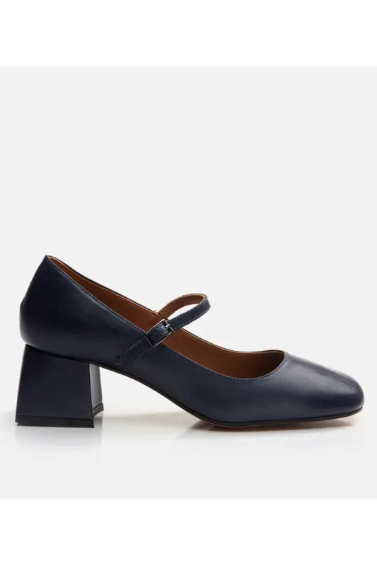 Mary Jane Genuine Leather Navy Blue Women's Chunky Heel - HOTIÇ