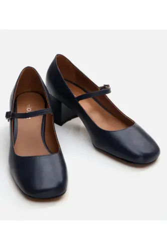 Mary Jane Genuine Leather Navy Blue Women's Chunky Heel - 3