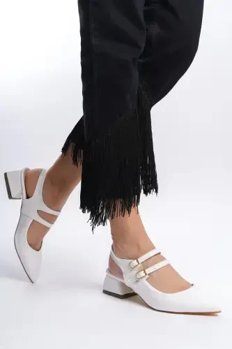 Mary Jane White Patent Leather Slingback Pointed Toe Barette Low Heel Shoes Wedding Bride Feet-White Patent - 1