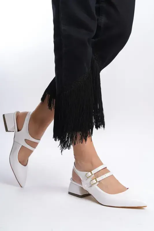 Mary Jane White Patent Leather Slingback Pointed Toe Barette Low Heel Shoes Wedding Bride Feet-White Patent - BAK STORE