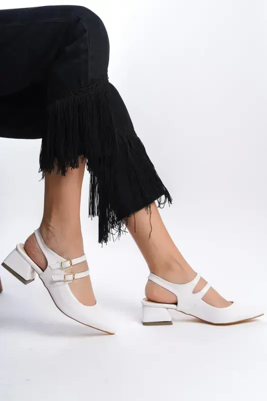 Mary Jane White Patent Leather Slingback Pointed Toe Barette Low Heel Shoes Wedding Bride Feet-White Patent - 3