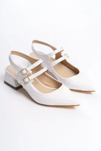 Mary Jane White Patent Leather Slingback Pointed Toe Barette Low Heel Shoes Wedding Bride Feet-White Patent - 4
