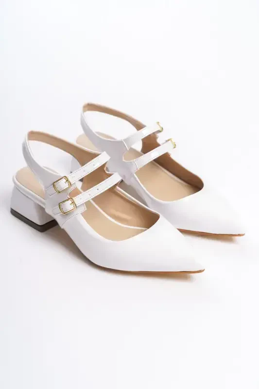 Mary Jane White Patent Leather Slingback Pointed Toe Barette Low Heel Shoes Wedding Bride Feet-White Patent - 4