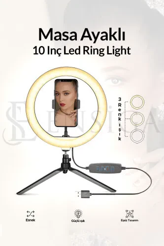 Masa Ayaklı 10 Inç Led Ring Lıght Influencer Youtuber Tiktok Telefon Tutucu Makyaj Işığı-MASA AYAKLI 10 - EN SİGA (1)