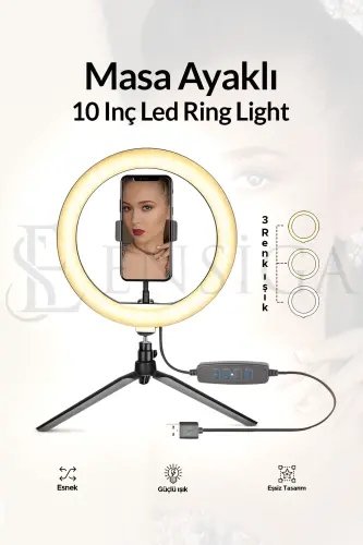 Masa Ayaklı 10 İnç Led Ring Işık Influencer Youtuber Tiktok Telefon Tutucu Makyaj Işığı - EN SİGA (1)
