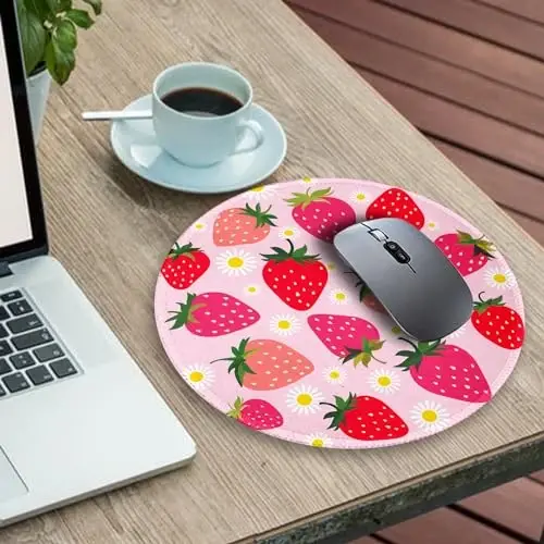 Gctriki Strawberry Mouse Pads for Desk, with Stitched Edge Non-Slip Rubber Base, Cute Small Round Comfortable Computer Mousepad for Laptop Gaming Work, Cute Office Desk Accessories Decor Supplies - 3