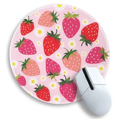 Gctriki Strawberry Mouse Pad, with Stitched Edge Non-Slip Rubber Base, Small Round Comfortable Computer Mousepad for Laptop Gaming Work, Pink Office Desk Accessories - Valentine's Day Gift for Her - GCTRIKI