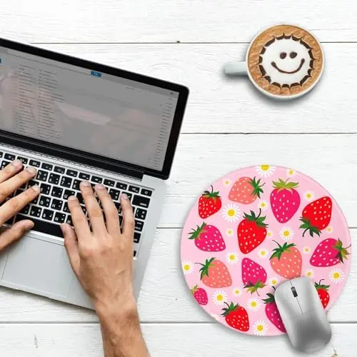 Gctriki Strawberry Mouse Pad, with Stitched Edge Non-Slip Rubber Base, Small Round Comfortable Computer Mousepad for Laptop Gaming Work, Pink Office Desk Accessories - Valentine's Day Gift for Her - GCTRIKI (1)