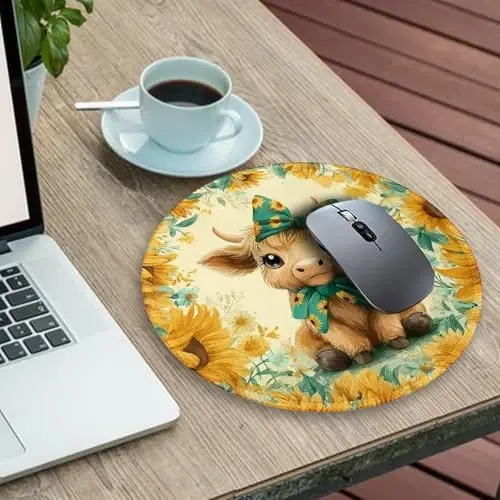 Gctriki Highland Cow Mouse Pad for Desk, Funny Round Mousepad for Laptop Gaming Stitched Edge Non-Slip Rubber Base, Cute Sunflower Bow Highland Cow Decor Gifts Office Desk Accessories for Women - 3