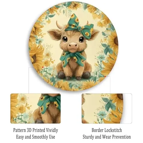 Gctriki Highland Cow Mouse Pad for Desk, Funny Round Mousepad for Laptop Gaming Stitched Edge Non-Slip Rubber Base, Cute Sunflower Bow Highland Cow Decor Gifts Office Desk Accessories for Women - 6