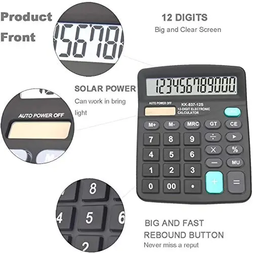 Calculators for Desk, BESTWYA 12-Digit Dual Power Handheld Desktop Calculator with Large LCD Display Big Sensitive Button (Black,Pack of 4) - 2